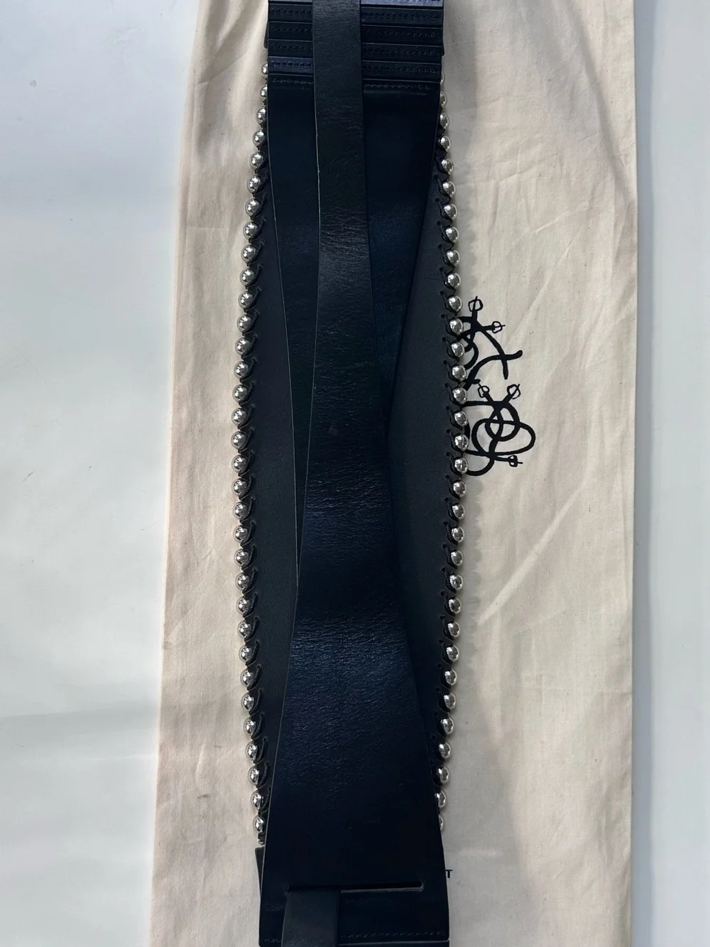 Isabel Marant Black Leather Wide Waist Belt with Silver Bead Trim